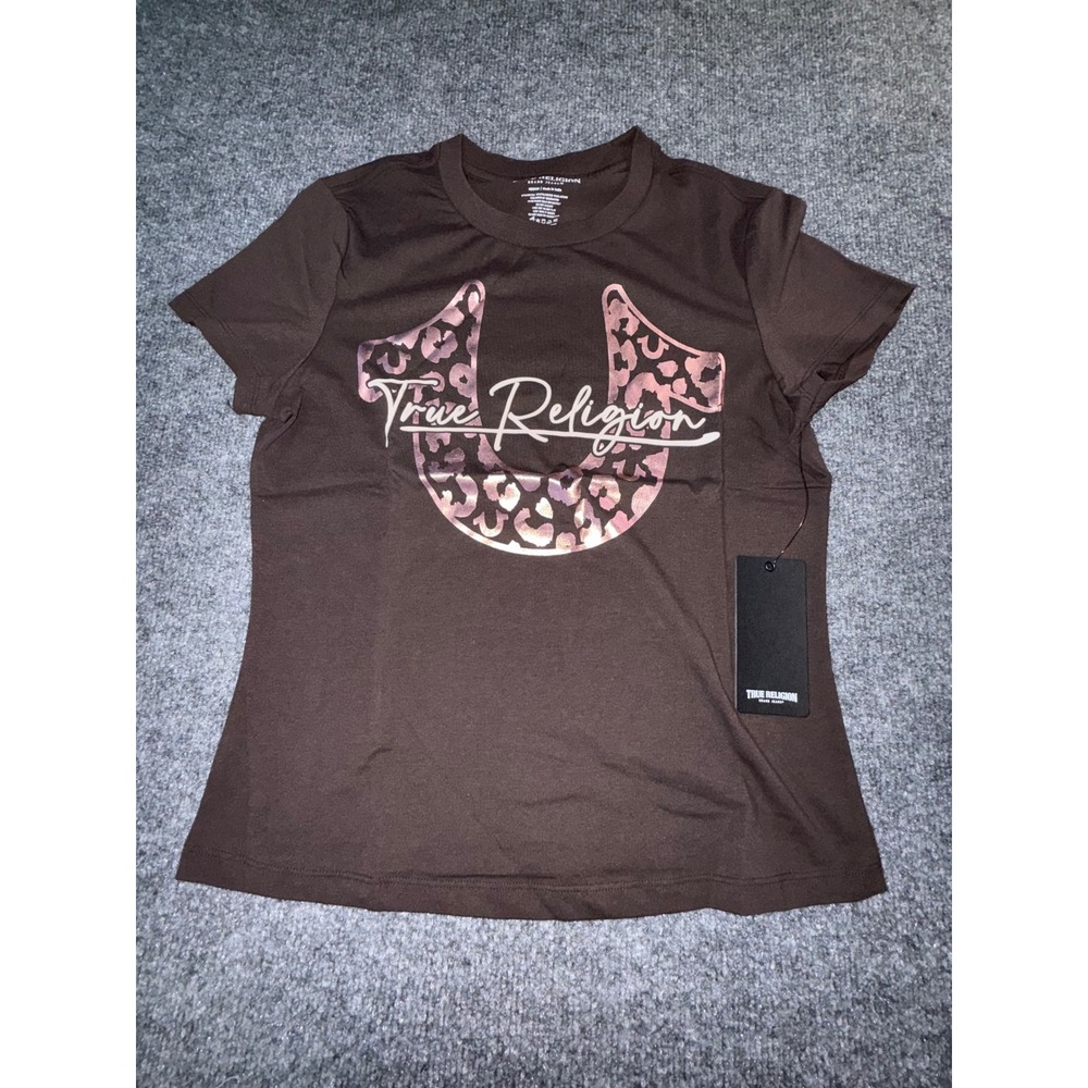 True Religion Womens Brown Rose Gold Leopard Horseshoe Logo T-Shirt Medium NWT